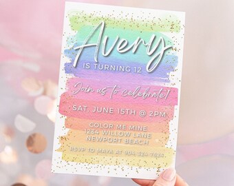 May include: A colorful invitation with gold glitter for Avery's 12th birthday party. The invitation includes the date, time, and location of the party. It says "Join us to celebrate!" and "Color Me Mine, 1234 Willow Lane, Newport Beach. RSVP to Maya at 904, 524.7524."