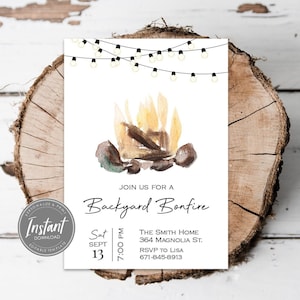 Hinterhof Lagerfeuer Einladung Vorlage, Lagerfeuer Geburtstag einladen, bearbeitbar, S&#39;mores Partyeinladung, sofortiger Download, Druck-E-Mail oder Text