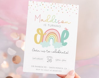Rainbow First Birthday Invitation | 1st Birthday Invitation Template | Editable Rainbow Invite | Boho Party | DIY Digital | Print or Text