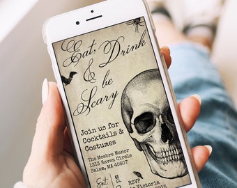 May include: A smartphone displays a Halloween party invitation with the text "Eat, Drink & be Scary" and a skull graphic. The invitation also includes details for cocktails and costumes at The Mesbre Manor in Salem, MA.