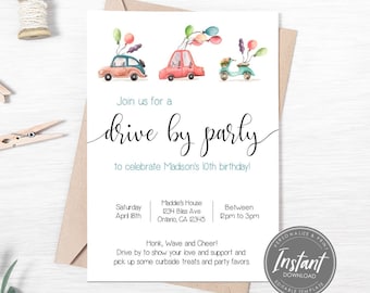 Conduisez par invitation d'anniversaire, fête d'anniversaire de quarantaine, fête de distanciation sociale, invitation numérique, défilé d'anniversaire, célébration d'anniversaire