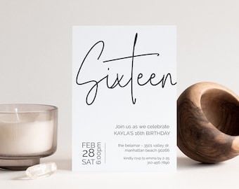 Minimalist 16th Birthday Invite, Editable Sixteenth Birthday Invitation, Digital Party Invitation Template, Simple Modern, Print or Text