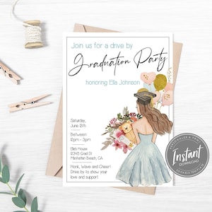 Drive By Graduation Parade Invitation, Graduation Invitation Template, Virtual Graduation, Instant Download, Editable Template, Girl Grad