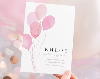 Watercolor Balloon Invitation Template | Pink Balloons Birthday Invite | Editable Pink Party Invitation | Digital Download | Print or Text