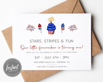 Patriotic 1st Birthday Invitation | 4th of July First Birthday | Fourth of July Invite | American Party | Editable Template | Print or Text
