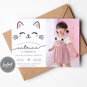 Kitty Cat Birthday Invitation | Kitten Birthday Photo Invitation | Printable Template | Cat Party Invite | Are You Kitten Me | Print or Text
