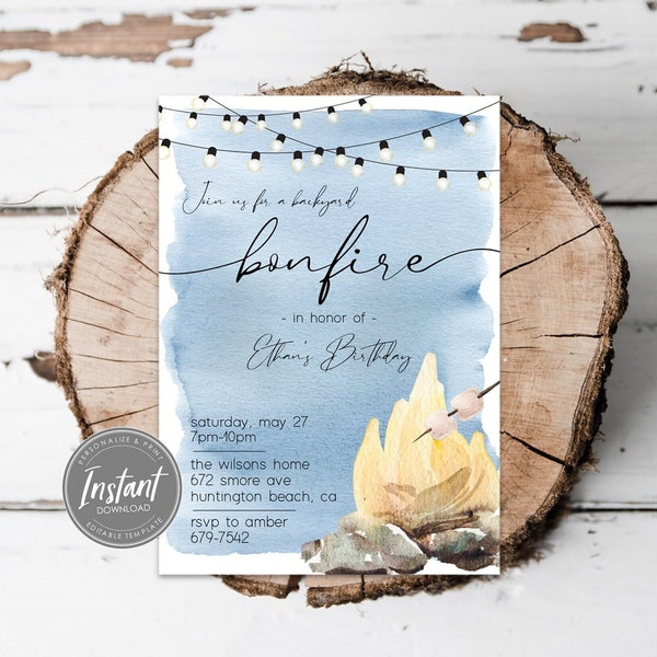 Backyard Bonfire Invitation Template, Bonfire Birthday Invite, Editable, S'mores Party Invitation, Instant Download, Print Email or Text