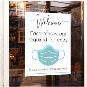 Welkom Draag alstublieft een maskerbord - Sociaal afstandsteken - Gezichtsmaskers vereist - Afdrukbaar maskerbord - Winkel, bedrijf, restaurant, kantoor