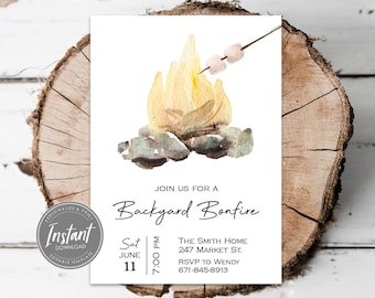 Backyard Bonfire Invitation Template, Camping Birthday Invite, Editable, S'mores Party Invitation, Instant Download, Print Email or Text