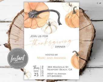 Thanksgiving Dinner Invitation, Friendsgiving Invite Template, Watercolor Thanksgiving Invitation, Editable and Printable, Digital Download