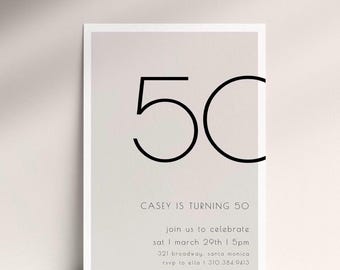 Plantilla de invitación para 50 cumpleaños, invitación digital editable para 50 cumpleaños, descarga instantánea, invitación imprimible minimalista neutral para cualquier edad.