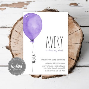 Minimalist 9th Birthday Invite, Editable Ninth Birthday Invitation, Digital Party Invitation Template, Watercolor Purple Balloon, Print Text