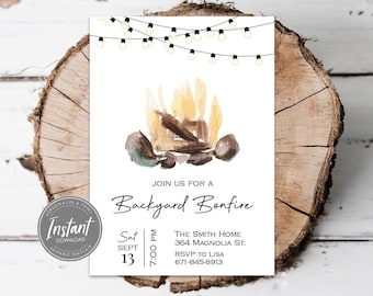 Backyard Bonfire Invitation Template, Bonfire Birthday Invite, Editable, S'mores Party Invitation, Instant Download, Print Email or Text