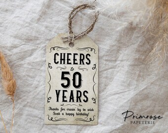 Cheers to 50 Years Favor Tag Template, 50th Birthday Party Goodie Bag Tag, Editable Men's Gift Tag, Printable Vintage Favor Tag, 30 40 60th