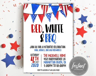4th of July Invitation | July 4th Invite | America Birthday | Editable Template | Patriotic BBQ | Digital Invite Template | Independence Day