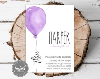 Plantilla de invitación para tercer cumpleaños / Invitación editable para tercer cumpleaños / Invitación digital para fiesta / Globo morado de acuarela / Impresión o texto