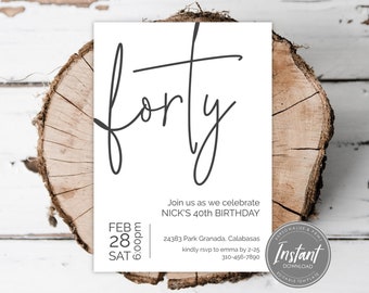 40th Birthday Invitation Template | Modern Adult Invite | Minimalist Invitation | Forty | Adult Party | Instant Download | DIY Print or Text
