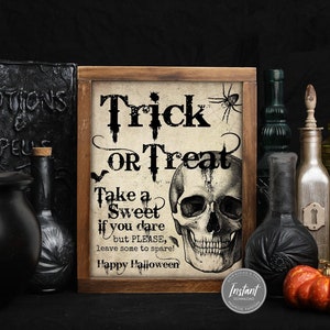 Vintage Trick or Treat Sign, Segno di Halloween stampabile, Si prega di prenderne uno, Skull Candy Bowl Sign, Halloween diy, Download istantaneo