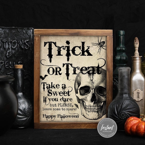 Vintage Trick or Treat Sign, Printable Halloween Sign, Please Take One, Skull Candy Bowl Sign, Halloween DIY, Instant Download