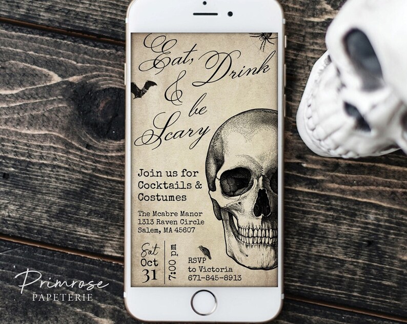 Vintage Skull Halloween Invite Halloween Party Invitation Template Digital Phone Invite Editable Adult Halloween Instant