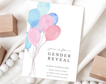 Editable Gender Reveal Invitation | Minimalist Baby Shower Invitation Template | DIY Digital Download | Watercolor Balloons | Print or Text