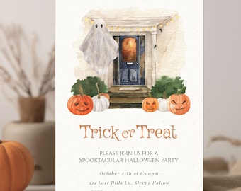Mall för Halloween-festinbjudan | Akvarell bus- eller godisinbjudan | Redigerbar höstinbjudan | Digital nedladdning för hemmafixare | Skriv ut eller texta