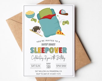 Boys Sleepover Birthday Invitation Template | Boy Slumber Party Invite | Editable Camping Pizza Party Invitation | Video Game Party Invite