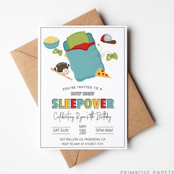 Boys Sleepover Birthday Invitation Template | Boy Slumber Party Invite | Editable Camping Pizza Party Invitation | Video Game Party Invite