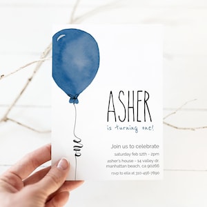 Navy Balloon Birthday Invitation | Boys 1st Birthday Invitation | Editable First Birthday Invite | Digital Party Template | Print or Text