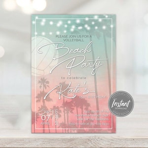 Volleyball Beach Party Invitation Beach Birthday Invite Ombre Watercolor Printable Template Editable Digital Invite Print or Text image 1