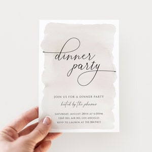 May include: A watercolor-style invitation for a dinner party hosted by the Johnsons. The invitation includes the date, time, address, and RSVP information.
