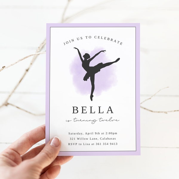 Modern Ballerina Birthday Invitation Template | Purple Ballet Invitation | Minimal Girls Birthday Invite | Digital Download | Print or Text