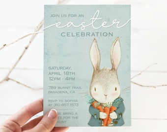 Easter Invitation Template |  Easter Bunny Invite | Egg Hunt Invitation | Easter Brunch | Vintage Bunny | Easter Birthday | Print or Text