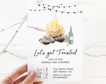 Let's Get Toasted, Bonfire Invitation Template, Backyard Bonfire & Cocktails Invite, Editable S'mores Party Invitation, Any Occasion