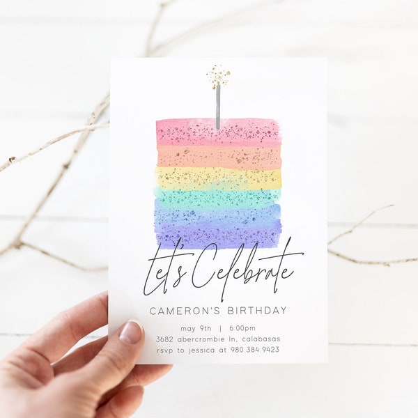 Let's Celebrate Party Invitation | Surprise Birthday Party Invite | Watercolor Cake Invitation Template | Editable Template | Print or Text