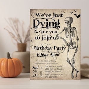 Plantilla de invitación a fiesta de cumpleaños de Halloween, invitación de Halloween, invitación a fiesta de Halloween de esqueleto para adultos, digital imprimible editable