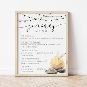Printable S&#39;mores Menu, Smores Bar Sign, S&#39;mores Station, Backyard Bonfire, Camping Glamping Party, Instant Digital Download, DIY Smores Bar