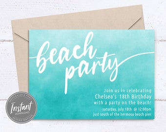 Beach Party Invitation Template | Ombre Beach Party Birthday | Editable Beach Bonfire Invite | Summer Party | Printable Invitation Download