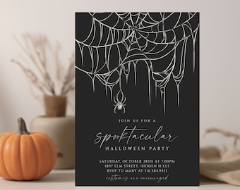 May include: A black and silver Halloween party invitation with a spider web design. The text reads "Join us for a spooktacular Halloween party" and includes the date, time, address, and RSVP information.
