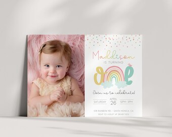 May include: A colorful rainbow birthday invitation with a photo of a baby girl. The invitation says "Maddison is turning one" and includes details for the party, including the date, time, and location.