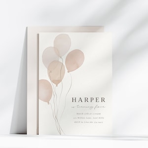Neutral Birthday Invitation Template Gender Neutral Party Balloon Invitation Editable Beige Minimalist Birthday Invite Digital Download