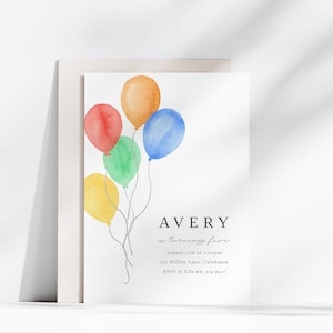 Modello di invito con palloncino ad acquerello / Invito di compleanno con palloncini arcobaleno / Invito per festa di compleanno modificabile / Invito per festa colorato