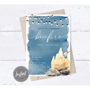 May include: A blue and white watercolor invitation for a backyard bonfire to celebrate a 30th birthday. The invitation includes the date, time, location, and RSVP information.