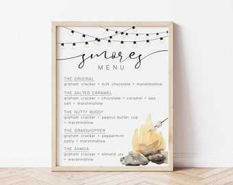 Printable S'mores Menu, Smores Bar Sign, S'mores Station, Backyard Bonfire, Camping Glamping Party, Instant Digital Download, DIY Smores Bar