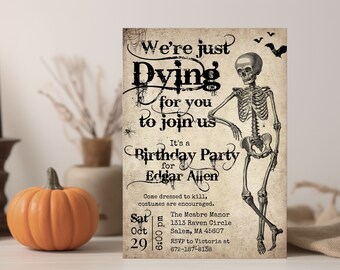 Halloween Birthday Party Invitation Template, Halloween Invitation, Skeleton Halloween Party Invite for Adults, Editable Printable Digital