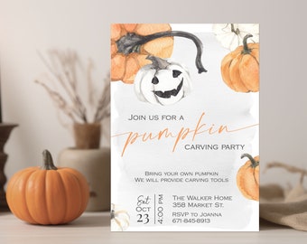 Pumpkin Carving Party Invitation, Editable Halloween Party Invite, Fall Birthday Party Template, Watercolor Pumpkin Invite, Instant download