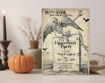 Halloween Invitation Template | Skeleton Halloween Party Invitation | Vintage Gothic Invite for Adults | Digital Download | Print or Text