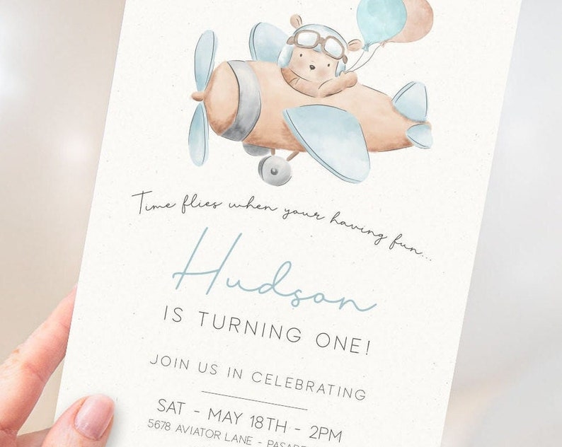 Airplane Birthday Invitation Template Bear Party Invitation Editable 1st Birthday Invitation Bear Birthday Invite Digital