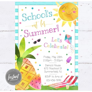 School&#39;s Out for Summer Invitation | End of the School Year Invite | Editable Template | Summer Birthday Party | Schools Out | Printable