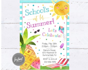School&#39;s Out for Summer Invitation | End of the School Year Invite | Editable Template | Summer Birthday Party | Schools Out | Printable